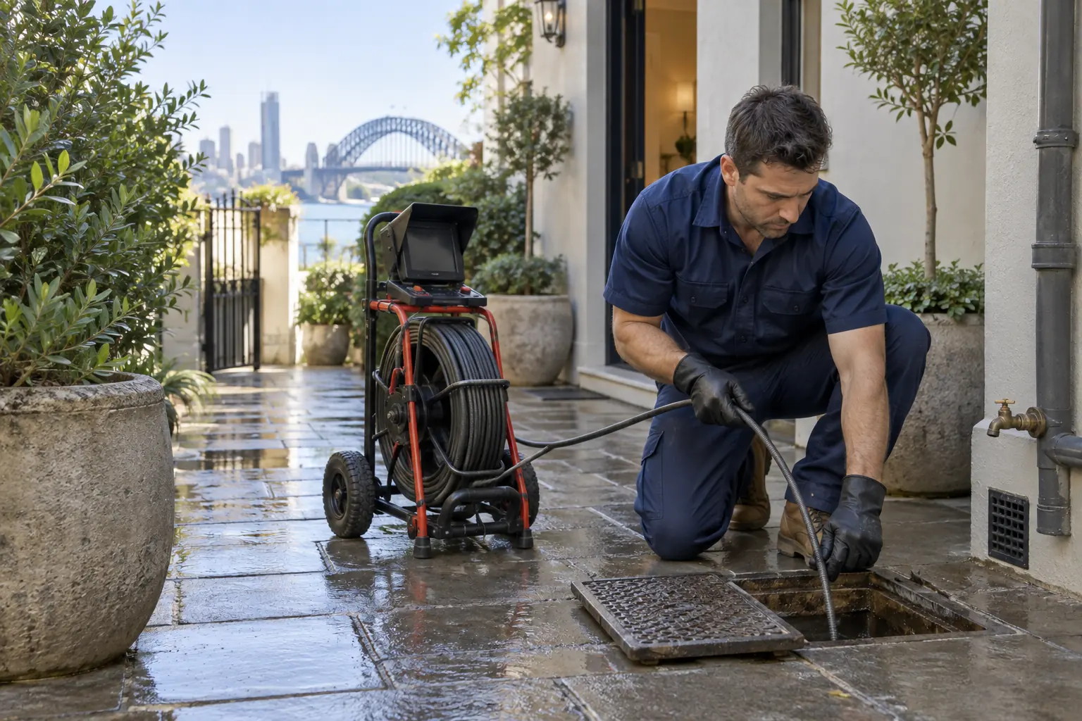 Sydney plumber preparing blocked drain inspection equipment