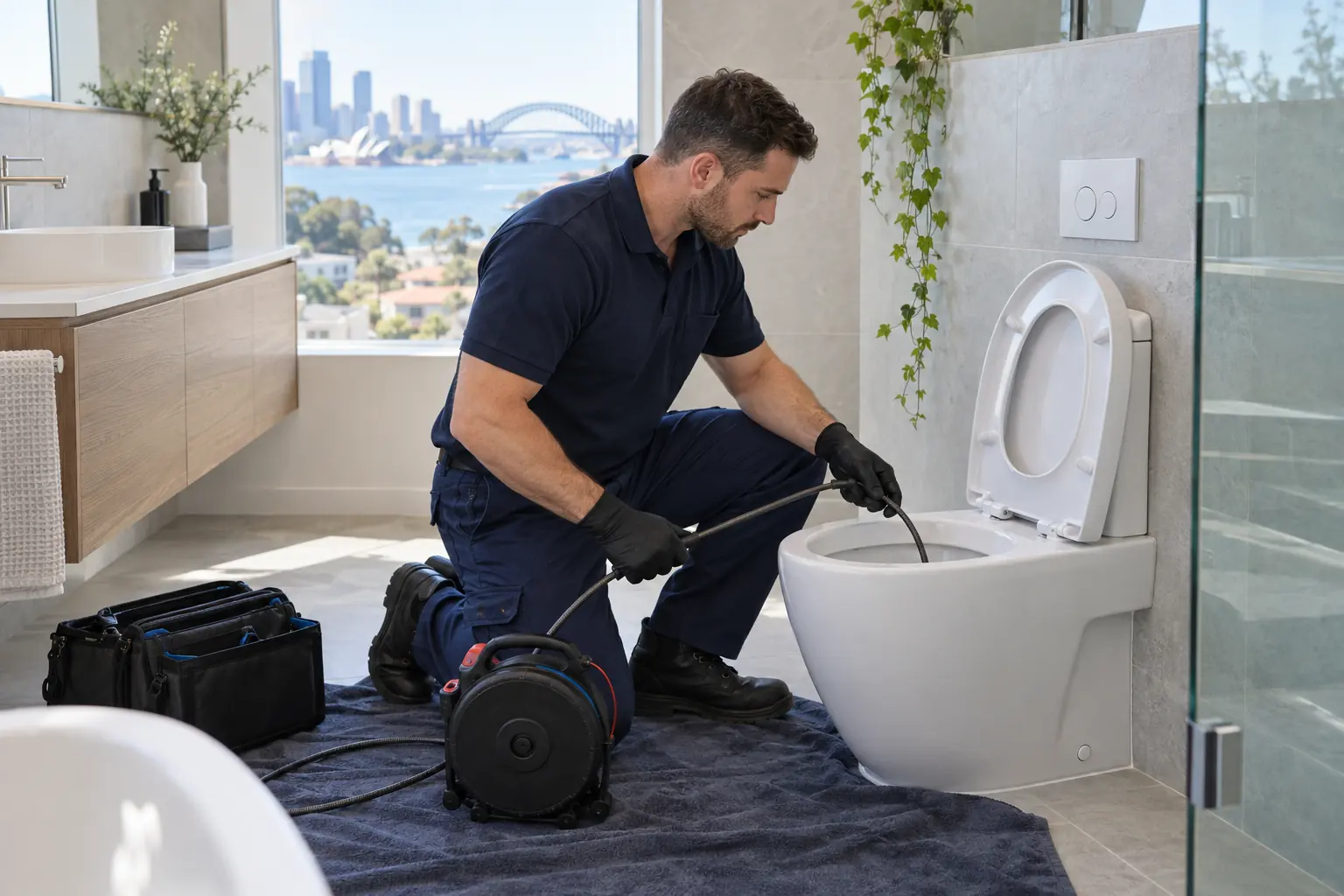 Plumber assessing a blocked toilet in a modern Sydney bathroom