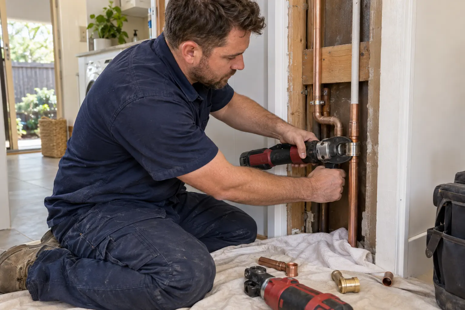 Sydney plumber repairing a burst copper water pipe