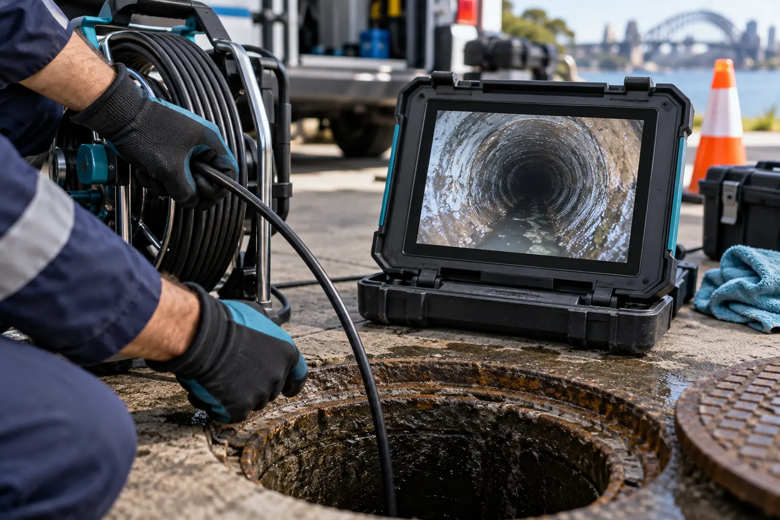 CCTV monitor displaying a drain inspection in Sydney