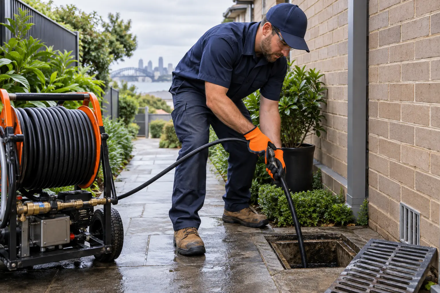 Professional high-pressure drain jetting setup at a Sydney property