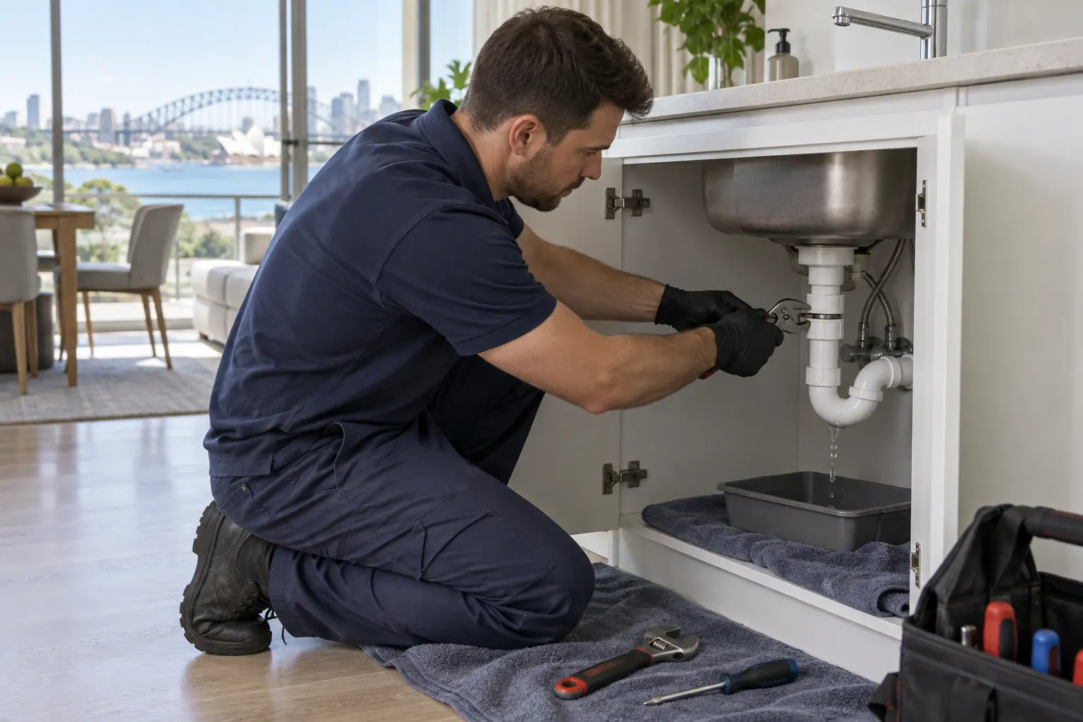 Licensed plumber isolating an active Sydney water leak