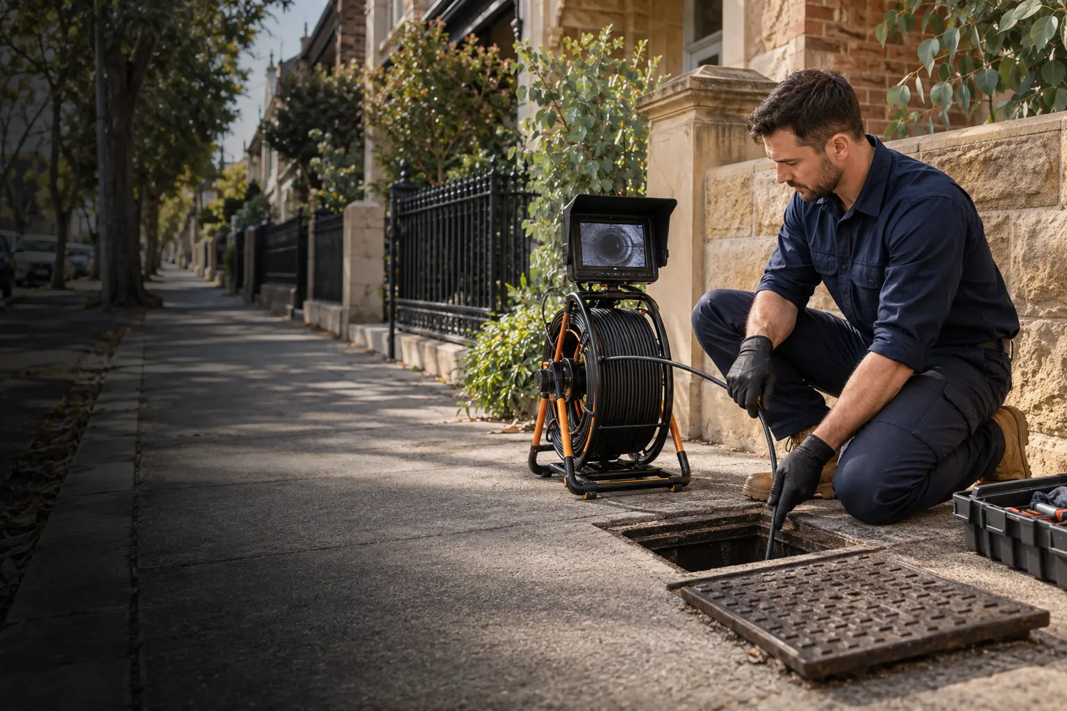 Sydney plumber preparing CCTV drain inspection equipment outside a terrace