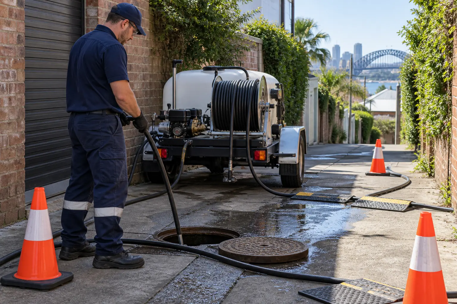 High-pressure drain jetting equipment at a Sydney property