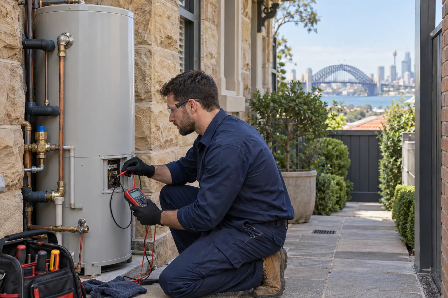 Plumber inspecting a Sydney hot water system