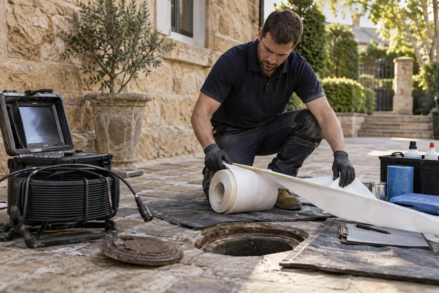 Professional preparing pipe relining material for a Sydney drain assessment