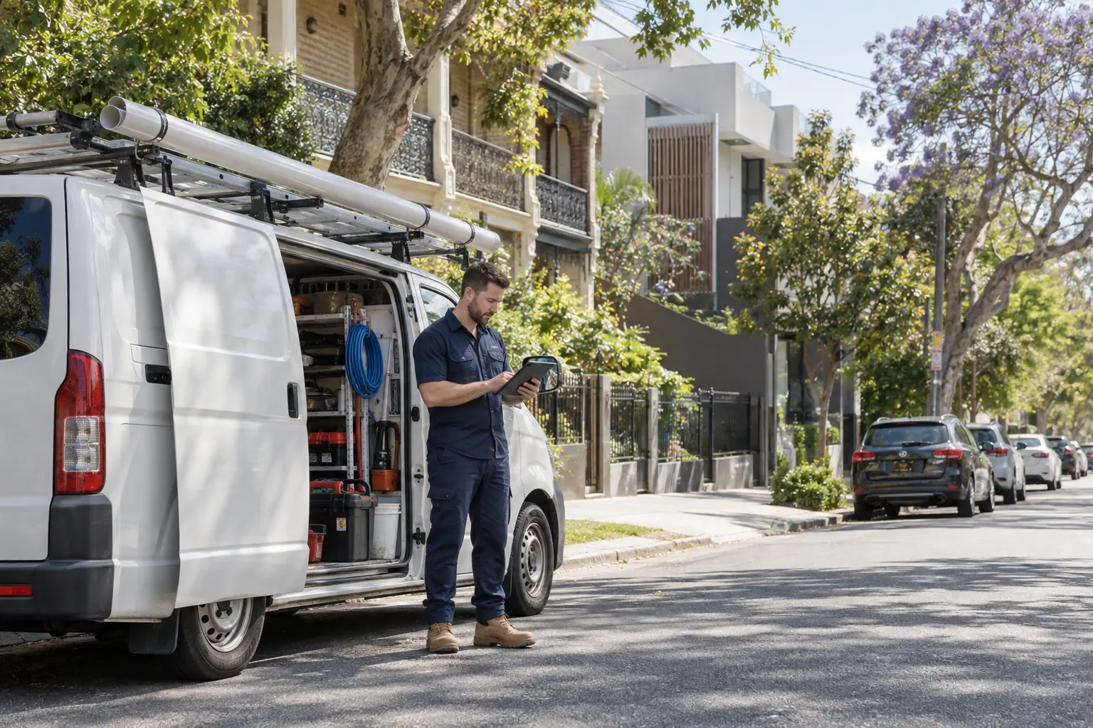 Unbranded Sydney plumbing service vehicle and technician confirming a local route