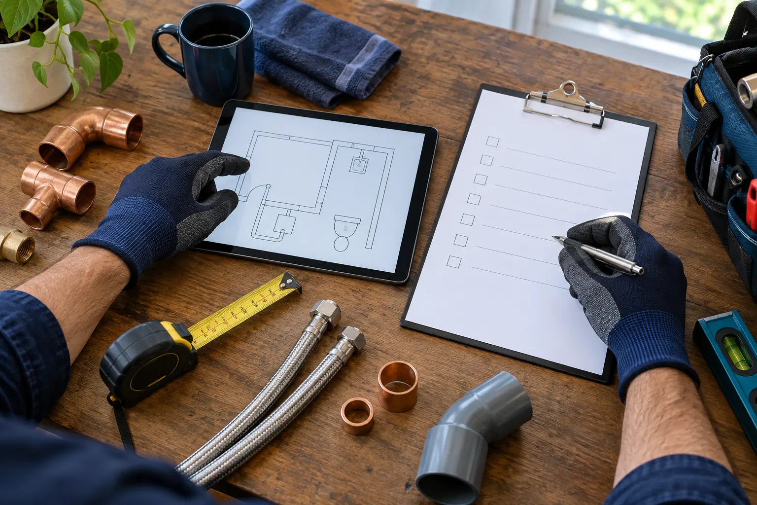 Organised Sydney plumbing quotation desk with tools and blank scope sheet