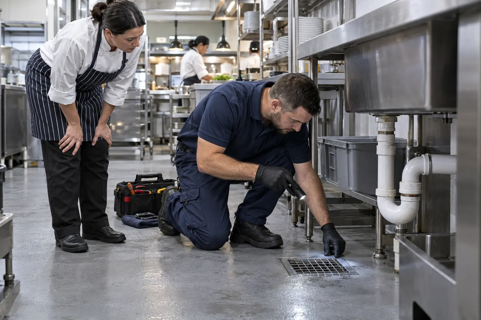 Drain cleaning setup in a professional Sydney restaurant kitchen