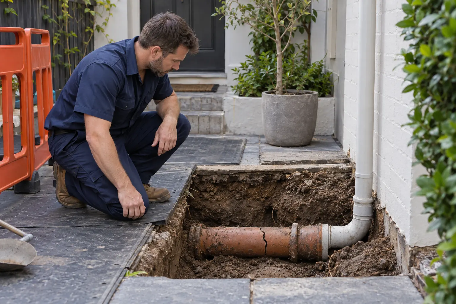 Sydney plumber inspecting an exposed private sewer pipe