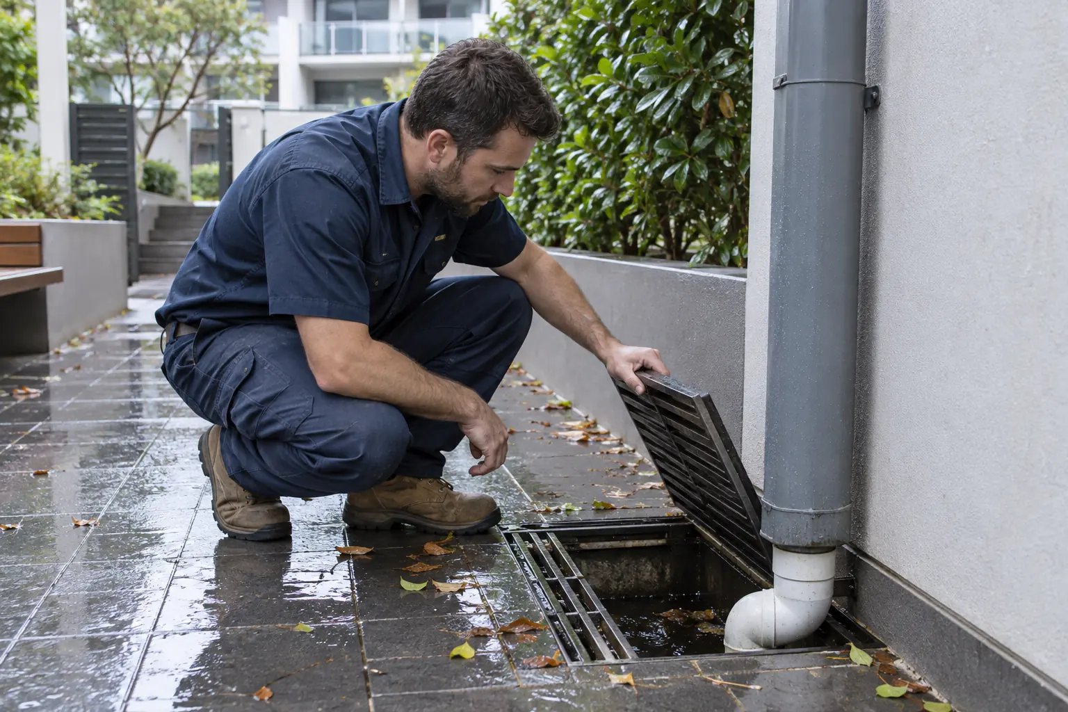 Sydney plumber inspecting a stormwater pit after rain