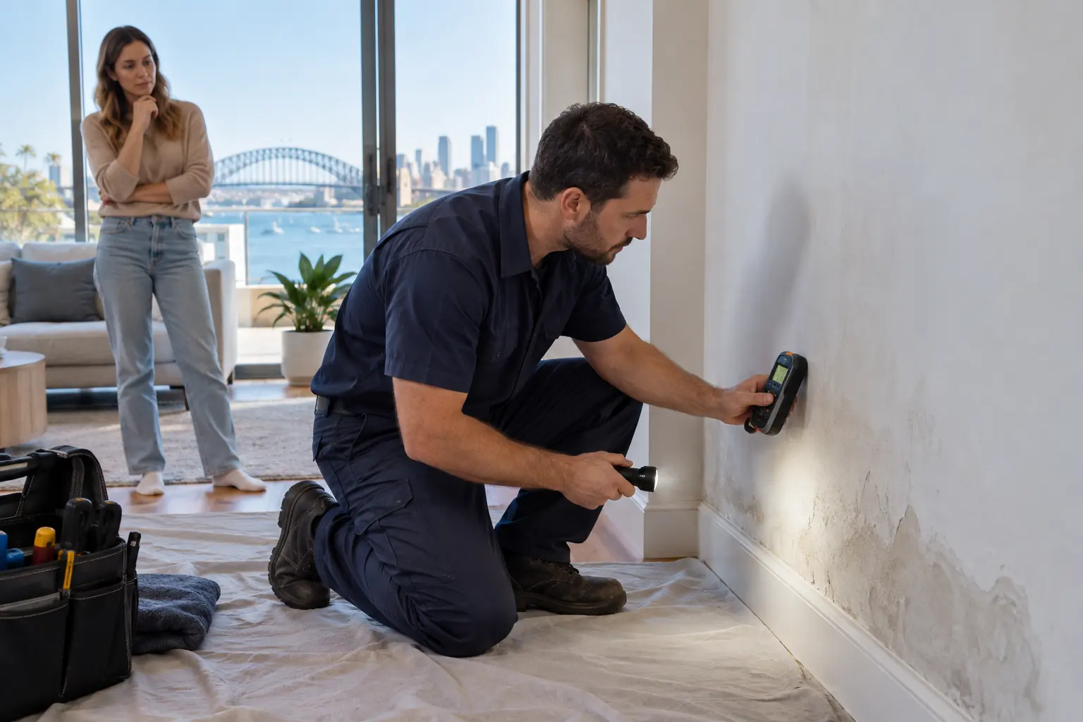 Licensed plumber using leak inspection tools in Sydney